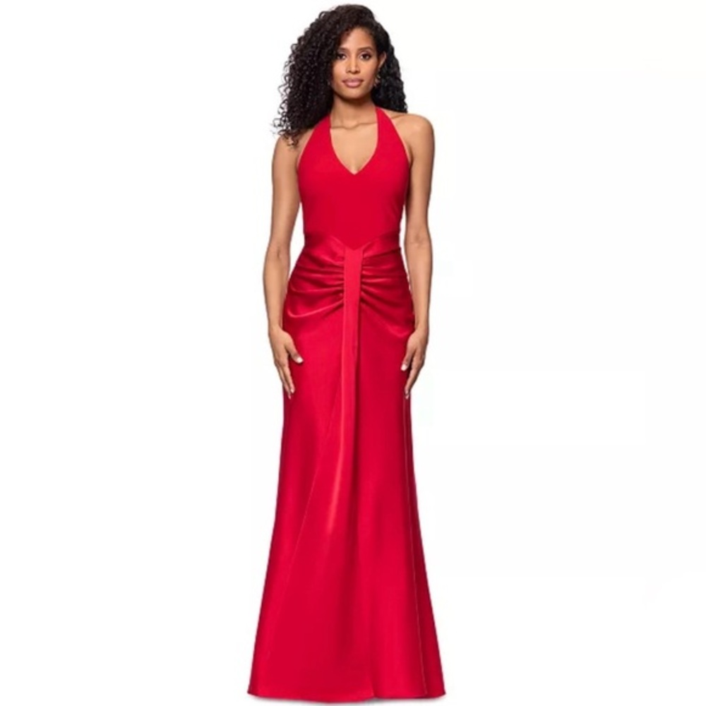 Betsy & Adam Women's Ruched Halter Maxi Gown Red New Holiday Dress 2 Formal